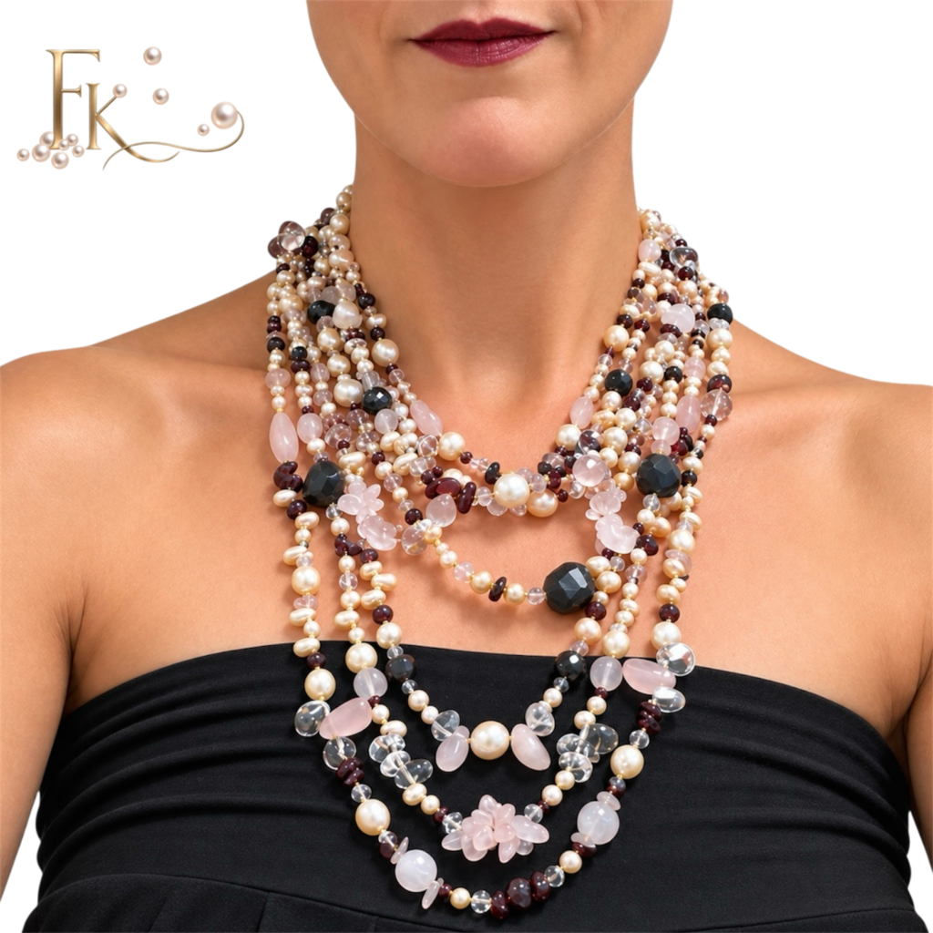 Elegant lang edelstenen en zoetwater parel collier